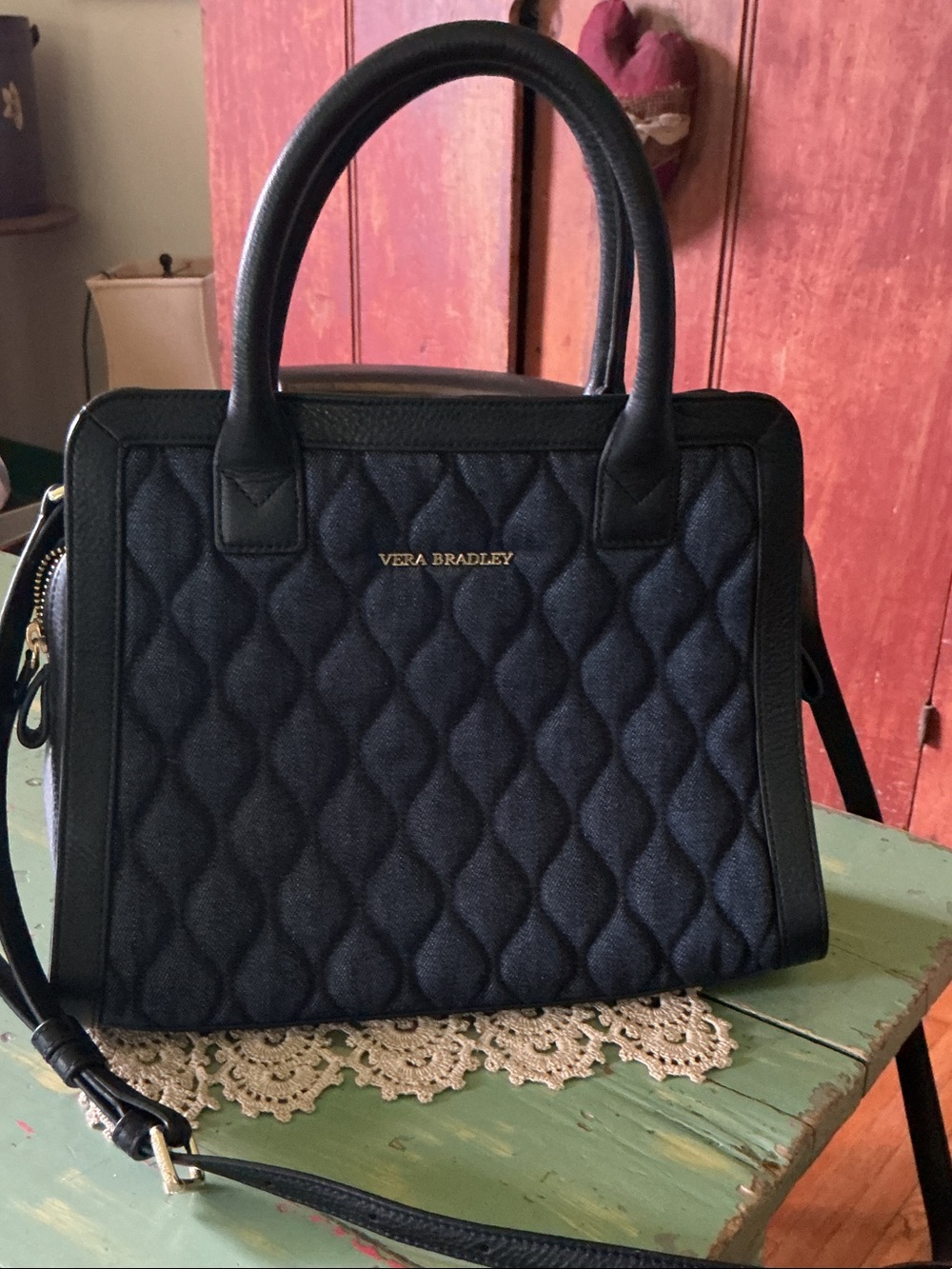 Vera Bradley Blue/Black Quilted Look Satchel with Gold Logo